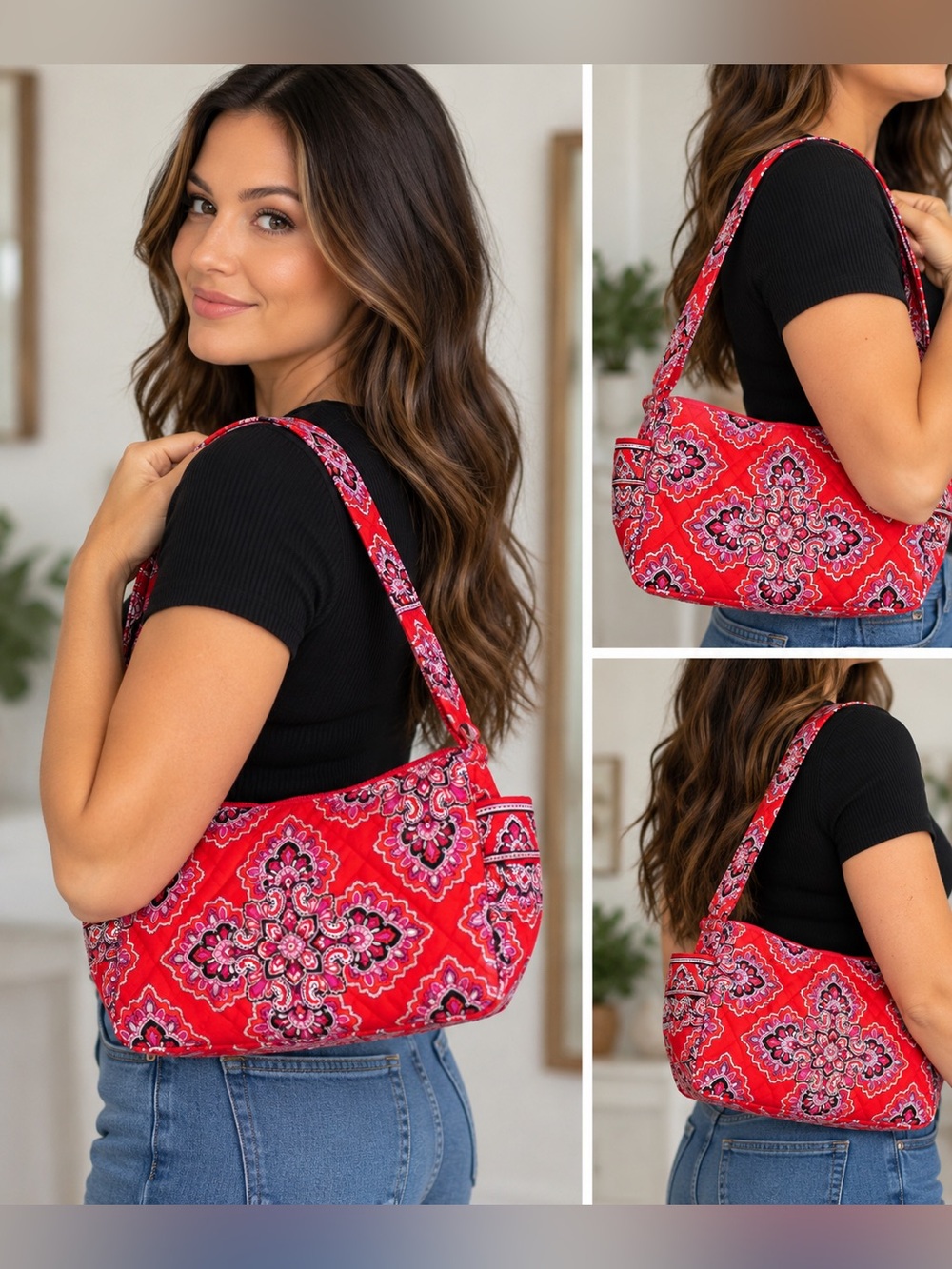 Vera Bradley Red Pink Paisley Quilted Shoulder Bag Purse 12x6